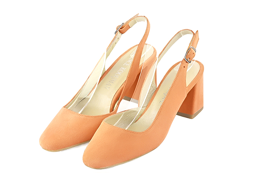 Dress slingback heels in marigold orange leather with medium flare heels and round toe - Front view